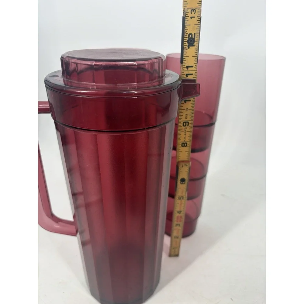 Vintage Tupperware Cranberry Red Ruby Acrylic Pitcher Cups Set Preludio Rare 7pc